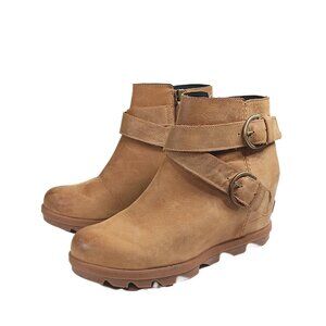 Sorel Joan of Arctic Wedge II Buckle Boots Womens 8.5 Tan Leather Zip Ankle Boot